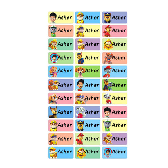 Personalised Waterproof Name Stickers in Paw Patrol Ryder, Chase, Marshall and Rubble Graphics to label your personal belongings. Whether for water bottles, stationeries or bags. 