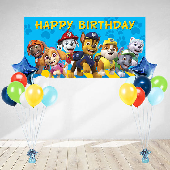 Paw Patrol Pups featuring Marshall, Chase, Skye and Rubble in a Birthday Banner and 2 sets of brightly coloured helium balloon bouquet. Easy to setup party decoration especially for a home party with family and friends