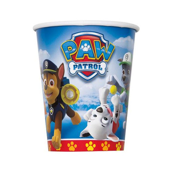 Load image into Gallery viewer, Paw Patrol party cups for the kids birthday food table setting.

