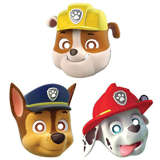 Party cardboard face masks for Paw Patrol Birthday, role play as Chase, Marshal and Rubble.