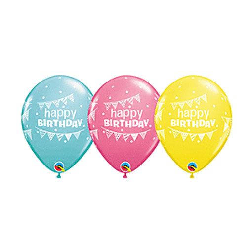 Load image into Gallery viewer, 11&amp;quot; Pennants &amp;amp; Dots Happy Birthday Latex Balloons in 5-piece packs.
