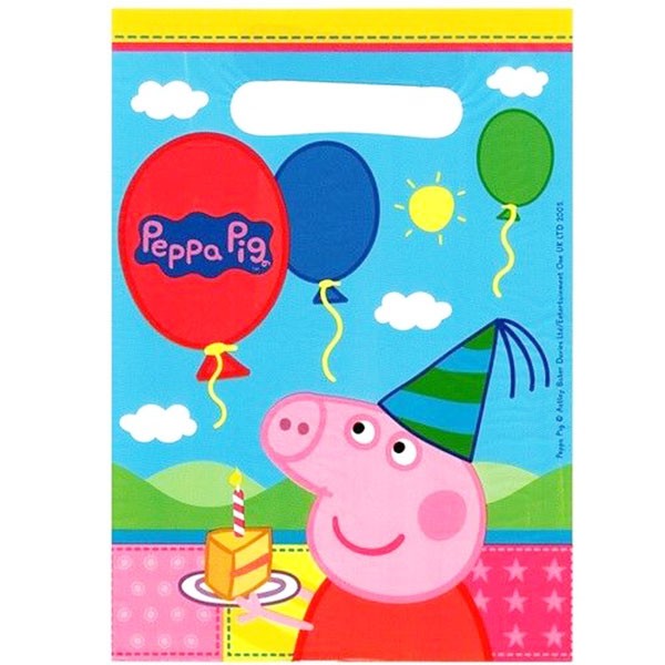 Load image into Gallery viewer, Peppa Pig goody bags with a lovely peppa and balloons print on it. Ready for you to pack and address them to your friends.
