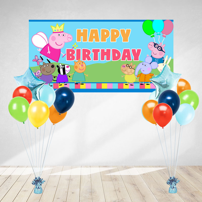 Colourful and bright Peppa Pig, George & Friends poster banner for your birthday cake table backdrop. With the lively outdoor background, it certainly helps to make cake cutting photos a lot nicer!