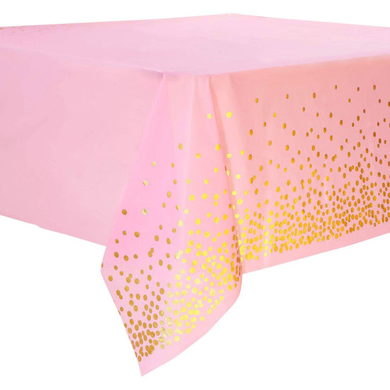 Load image into Gallery viewer, Lovely Baby Pink Table Cover for the sweet baby party. The golden dots simply enhance the look with elegance.
