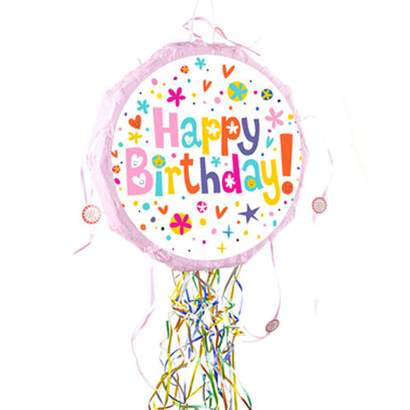 Pink Joyful Happy Birthday Round Pinata - An interesting inclusion for the perfect party. Decorates and provides a fun game for the kids!