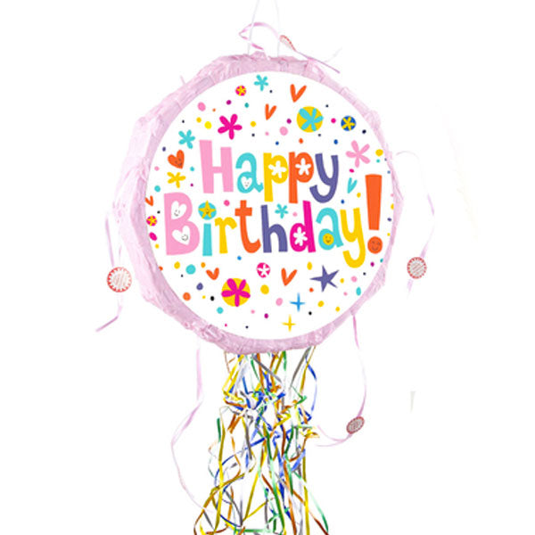 Pink Joyful Happy Birthday Round Pinata - An interesting inclusion for the perfect party. Decorates and provides a fun game for the kids!