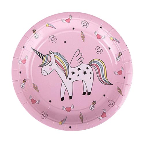 Pink Unicorn themed party plates.