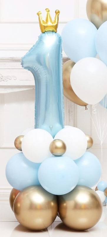 Blue Number 1 Balloon Column witha golden crown.