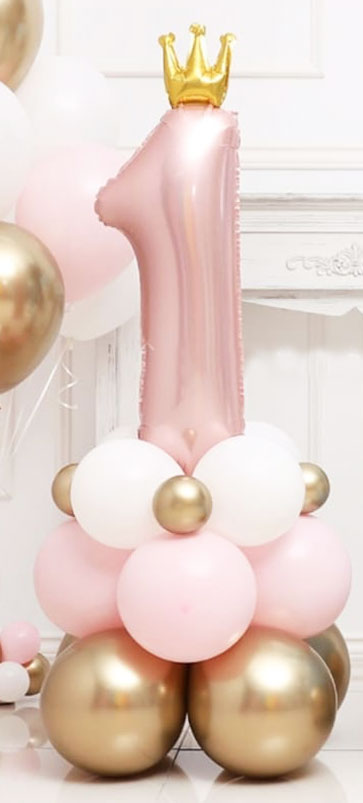 Pink Number 1 Balloon Column witha golden crown.
