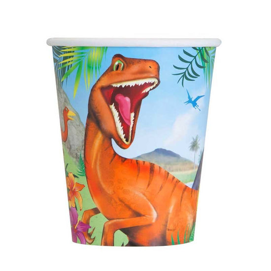 Package includes 8 paper cups to match your Roaring Dinosaur party theme. Stock them today! 9 oz. suitable for Hot/Cold beverages