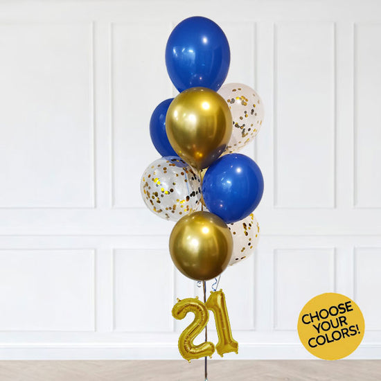 Royal Blue and gold combinations with metallic, chrome and confetti gold balloon bouquet.