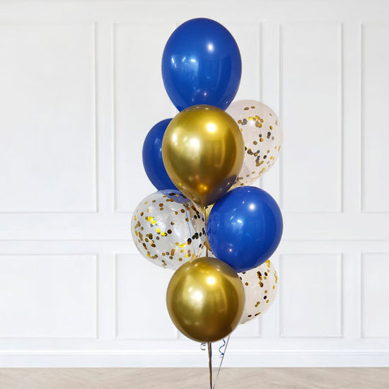 Royal Blue Gold Chrome and Confetti Balloon Bouquet.