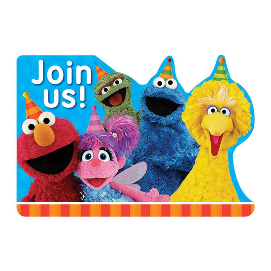 Sesame Street invitation cards with Elmo, Abby, Big Bird, Cookie Monster and Oscar saying "Join Us!"