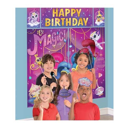 Load image into Gallery viewer, Shimmer &amp;amp; Shine party backdrop with photo props. The kids loved it!

