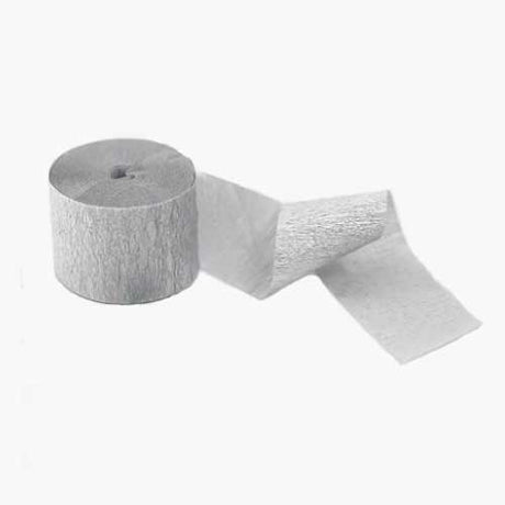 Silver Crepe Paper party streamers for birthday party decoration.