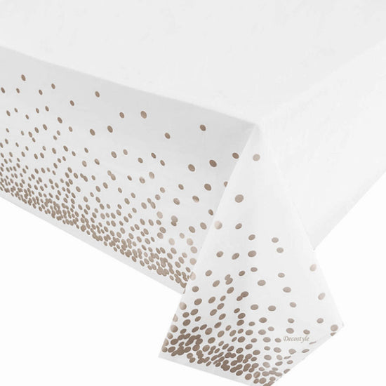 Silver random dots on aa white table cover is exactly what we were looking for to fit our wedding reception table.