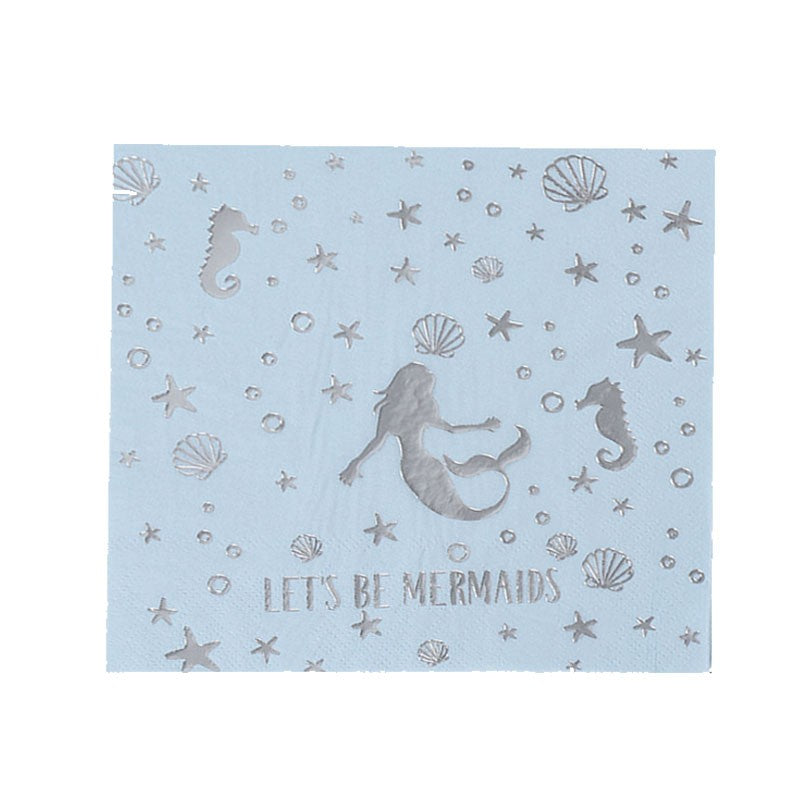 Silver coloured Little Mermaid Princess against the Light Blue backdrop on this sweet party napkin.