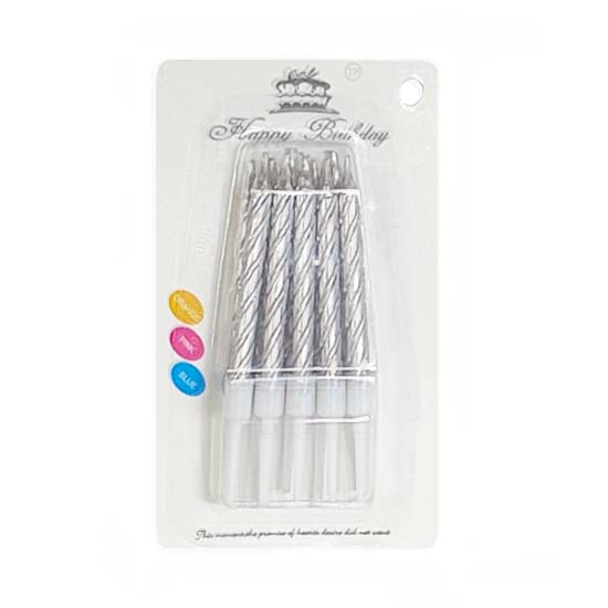 A pack of Silver Shimmer Cake Candles so bright that it pops! Great to dress up your beautiful birthday cakes these candles.