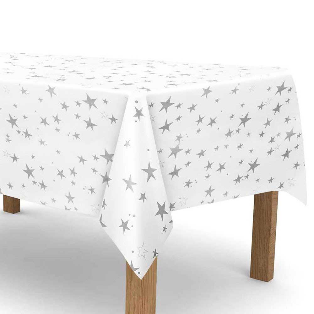 Load image into Gallery viewer, Silver stars glittering all over the white table cover. Makes a marvellous set up for a lovely cake cutting table.

