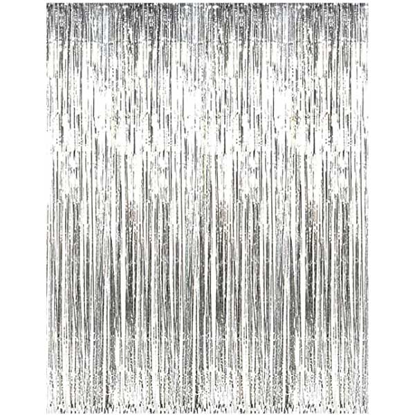 Silver Tinsel Foil Streamer Backdrop available for wedding parties, bachelorette parties, birthday celebrations and graduation party.