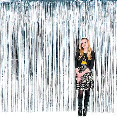 Load image into Gallery viewer, Silver Tinsel Foil Streamer Backdrop with a glittery and shimmering effect for our party bash photoshoot.
