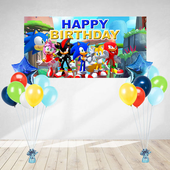 Singapore No 1 party store selling Sonic the Hedgehog, Knuckles and Tails party decoration to complete the Birthday Party!  Sonic themed Happy Birthday Banner & Helium balloons in matching colours for you to decorate the backdrop of your cake table.