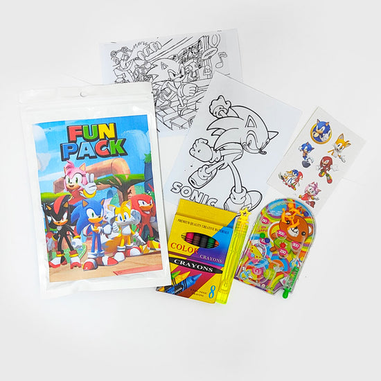 Sonic Fun packs with goodies such as colouing sheets, cryaons, sticker sheet and mini game.