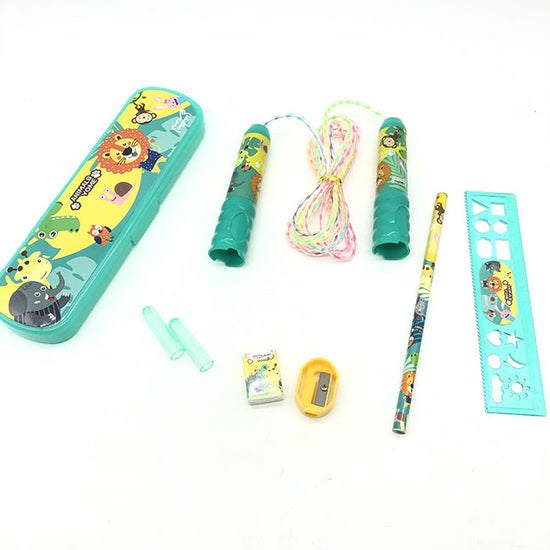 Stationery set includes a gift box and filled with cool stationeries like pencil case, eraser, ruler and even a skipping rope.