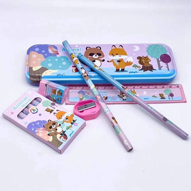 The gift set consists of a pencil case, pencils , ruler, colour pencils, eraser and a sharpener.