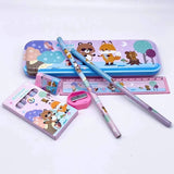 The gift set consists of a pencil case, pencils , ruler, colour pencils, eraser and a sharpener.