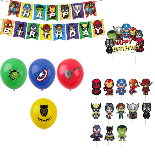 Superheroes party decoration kit for you to DIY your birthday party decor. Includes banner, balloons and cake decor.