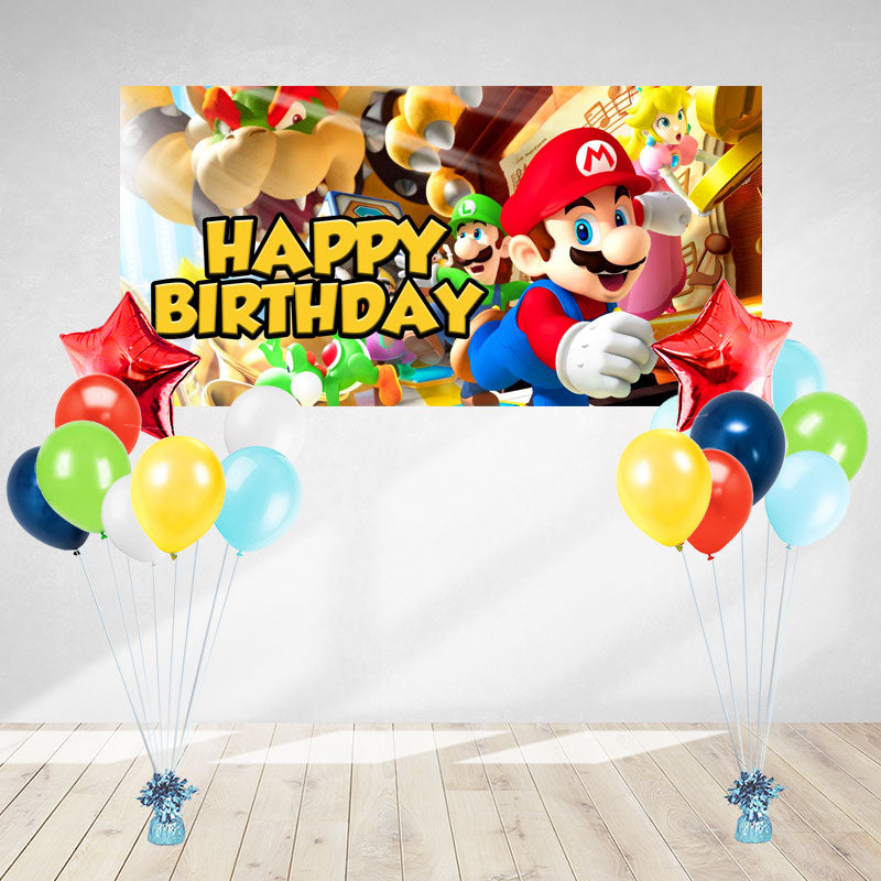 Super Mario Birthday Banner and Balloon decoration set up for the little gamer's birthday celebration.