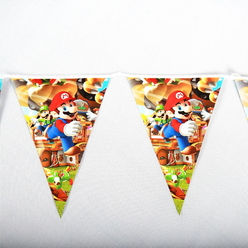 Super Mario flag banner to enhance the party decorations and atmosphere to Kendrick's birthday party. Everyone is so happy and in high spirits.
