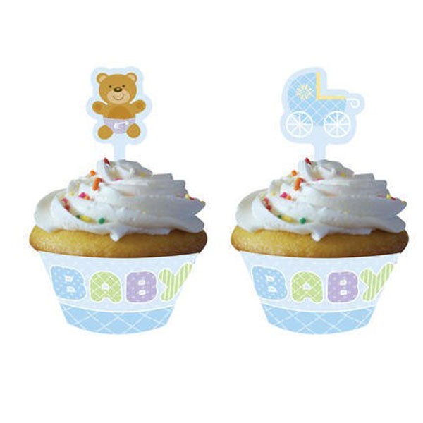 Adorable and sweet cupcake wrappers designed in soft blue with the word “BABY” spelled out in pastel colors and the plastic decorating pick placed on top each cupcake to enhance the overall tasty look.