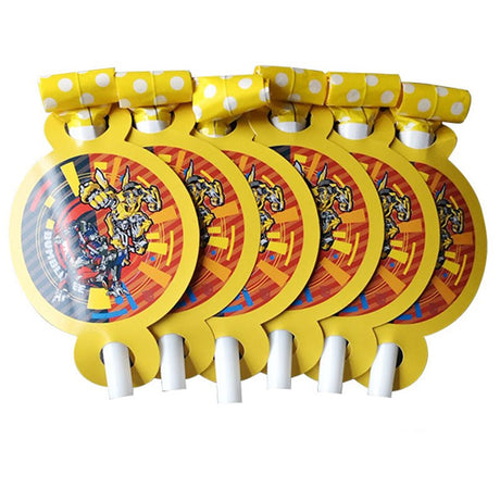 Transformers party blowouts featuring Optimus Prime and Bumble Bee in action.