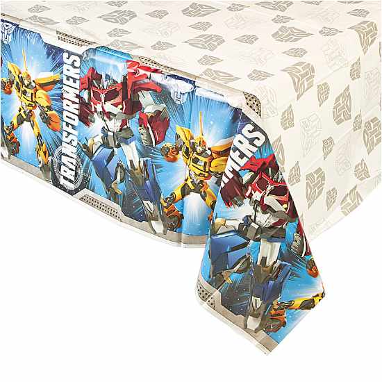 Transformers Party Tablecover for your brthday cake table setup. Featuring Optimus Prime and Bumble Bee.