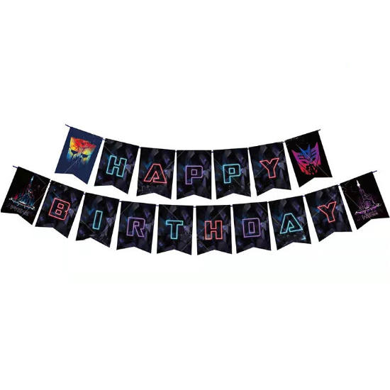 Transformers Birthday Decoration Banner featuring Cool coloured shaped letters that spell the phrase "HAPPY BIRTHDAY"