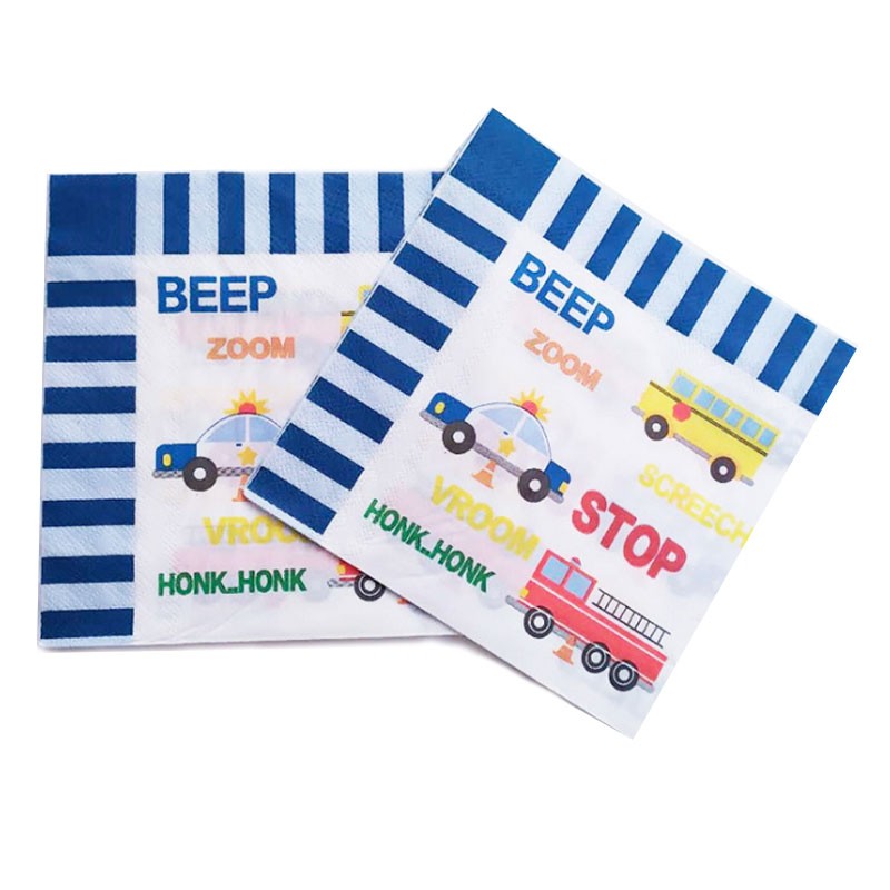 Load image into Gallery viewer, Transportation Fun themed napkins, printed with colourful vehicles. These are the boys&amp;#39; favourite theme
