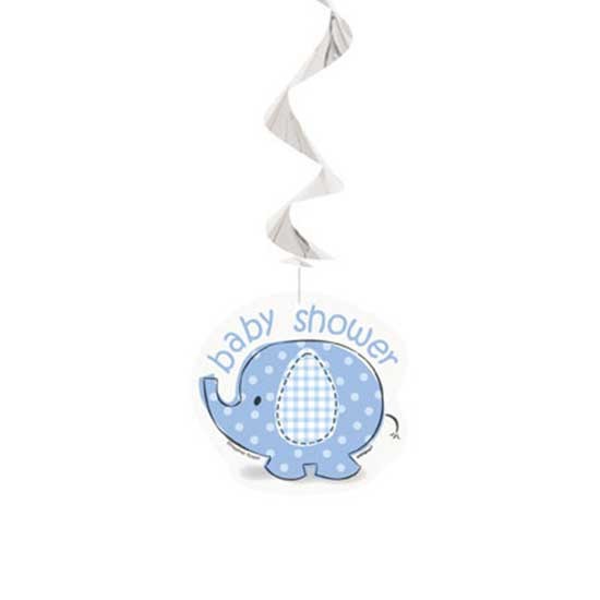 Cute Baby elephant with umbrella hanging decoration for your baby party event.  6/Pkg - Hanging swirl decorations extends to 36 inches. Makes a great shout out for your baby shower or full month party event to welcome the newborn baby boy.