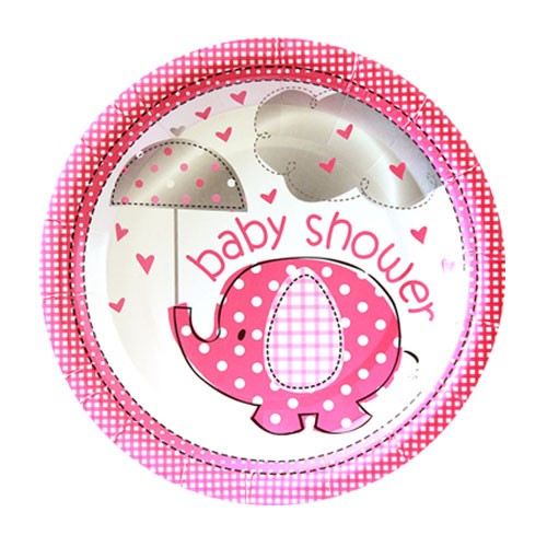 Load image into Gallery viewer, Umbrellaphant Pink 7in Plates for Baby Shower Party Celebration. 10pcs per pack. Great for catering.
