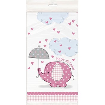 Load image into Gallery viewer, Cute Baby elephant with umbrella style tablecover.  Measures 54 inches x 102 inches, makes a great shout out for your baby shower or full month party event to welcome the newborn baby girl.
