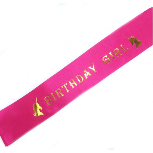 Unicorn Birthday Girl Sash with shiny gold words. Dress up the Birthday girl like a princess with a shiny sash, Everyone will have their attention on the lovely princess.