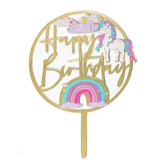 Load image into Gallery viewer, Rainbow Unicorn Round Happy Birthday Acrylic Cake Topper.
