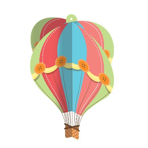 Hot Air Balloon Hanging 3-D Balloon.  One Hot Air Balloon Hanging 3-D Balloon measures 16 inches long and folds out to a 3 dimensional shape. Made of cardstock paper. A unique party decoration!