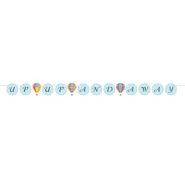 Decorate your party with this pastel coloured Up & Away jointed banner   The lovely banner is strung on a pretty satin ribbon and measure 6 1/2 feet long.