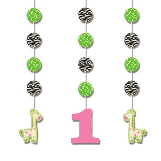 Decorate your party with this adorable Wild at One Giraffe Hanging Decoration. Fun and lovely! Wild at One Giraffe First Birthday Hanging Cutout Assortment features cututs of 2 Giraffes and 1 bright pink number “1” on the hanging decorations. 