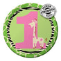 Cute Little Giraffe with a bright pink number 1, to celebrate the very special 1st birthday. 7" paper plates with the blending soft green tone and highlighted with zebra stripes and giraffe spots for the Wild at One signature design.