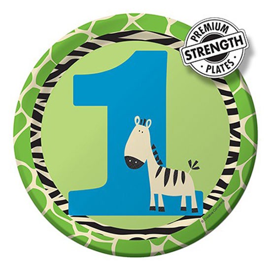 Cute Little Zebra with a bright blue number 1, to celebrate the very special 1st birthday. 7" paper plates with the blending soft green tone and highlighted with zebra stripes and giraffe spots for the Wild at One signatire design. 