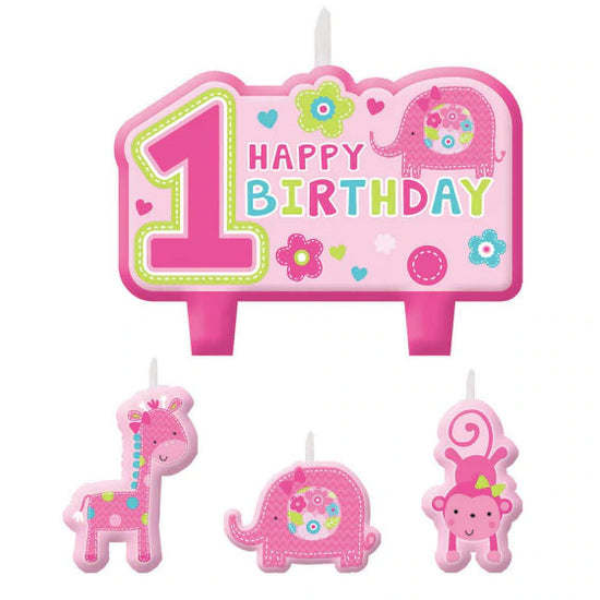 Cute Wild One Girl Candle Set featuring the adorable jungle animals in pink for the 1st birthday cake decoration.