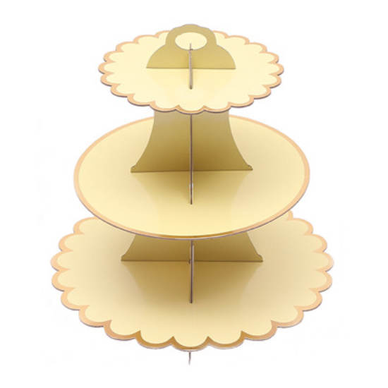 Load image into Gallery viewer, Yellow cupcake stand with golden foil trimming at the edges.
